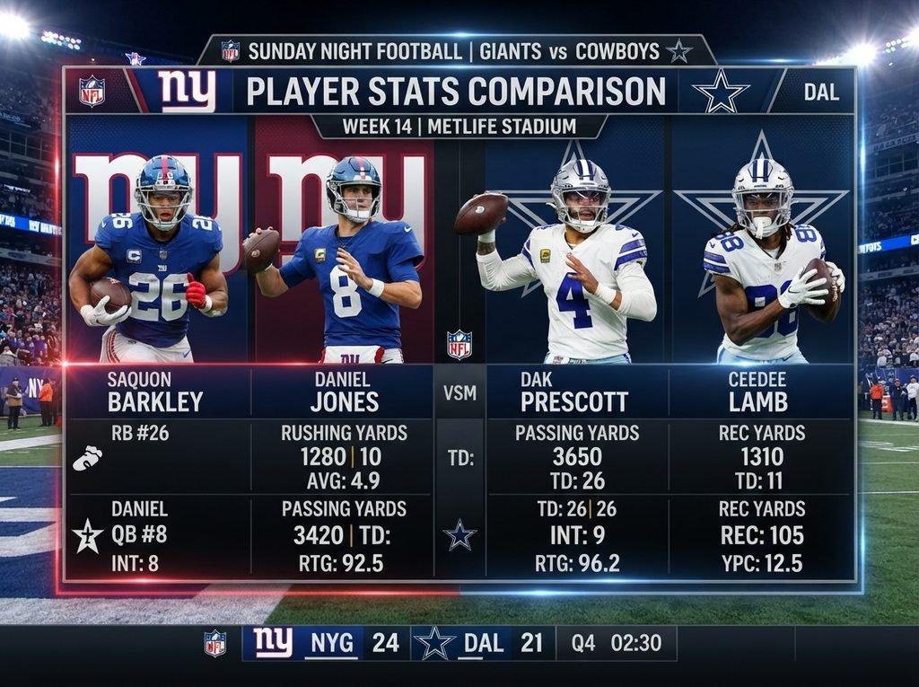 New York Giants vs Dallas Cowboys Match Player Stats